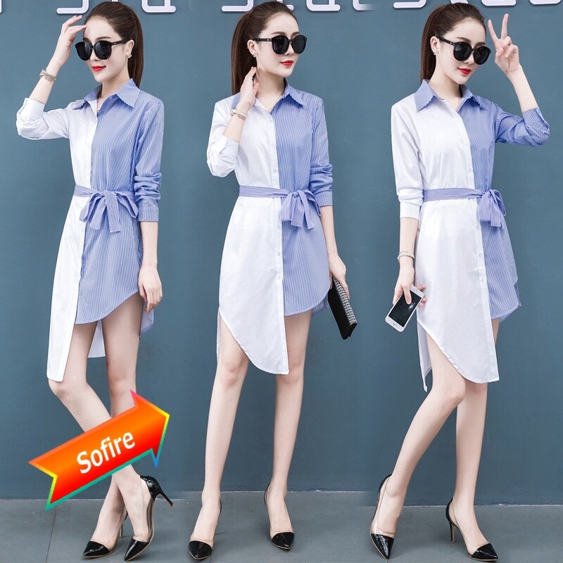 LOMOGI New Plain Stripe Color Matching Shirt Blue Stripe Irregular Shirt Women's Design Oversized White Shirt S-5XL