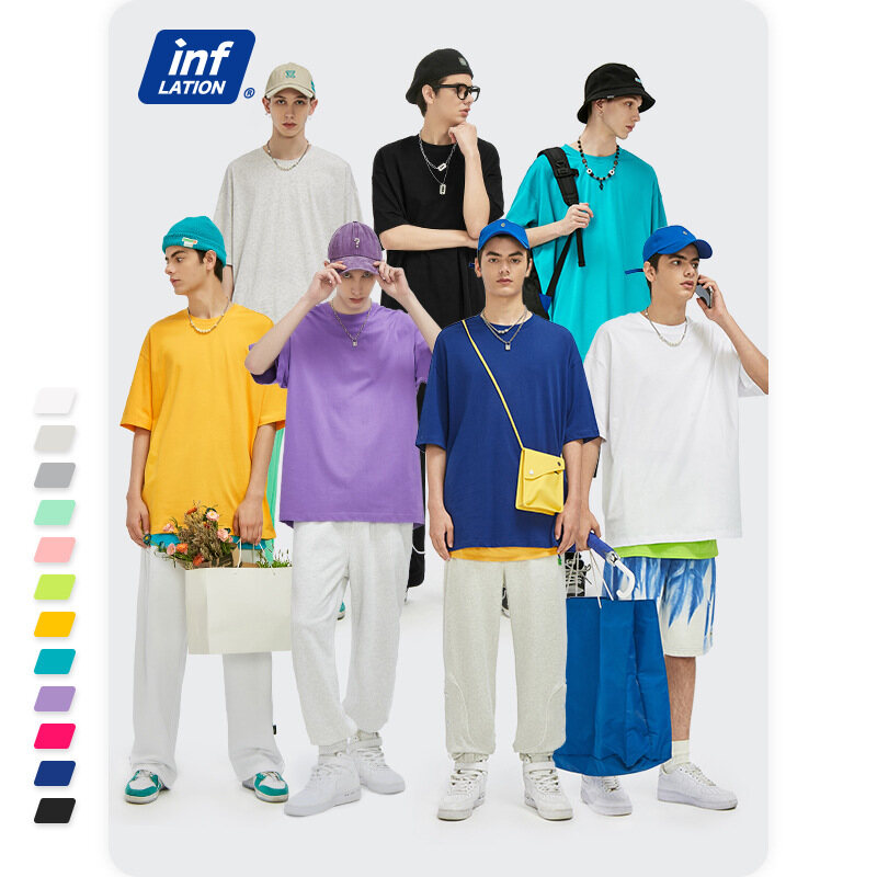 INFLATION STYLE men clothing 190 grams weight 2022 summer new street fashion simple solid color candy color round neck comfortable T-shirt male street fashion popular campus style clothes