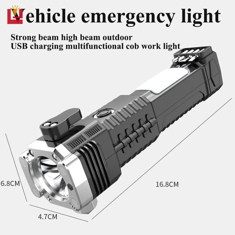 YONUO Đèn Pin LED, Ánh Sáng Mạnh Kính Thiên Văn Ánh Sáng, Sạc USB Ngoài Trời, Đa Chức Năng Đèn Làm Việc Cob, Búa An Toàn Cho Xe Ô Tô