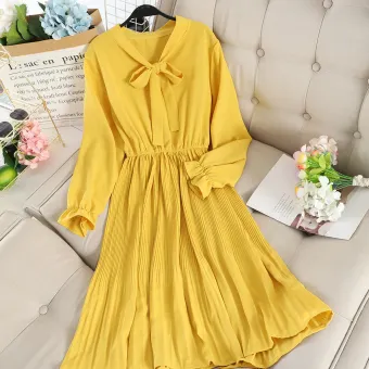 Yuvon Women Chic Gentle French Retro Chiffon Long Sleeve Dresses Female Mid Length Solid Color Dress Lazada