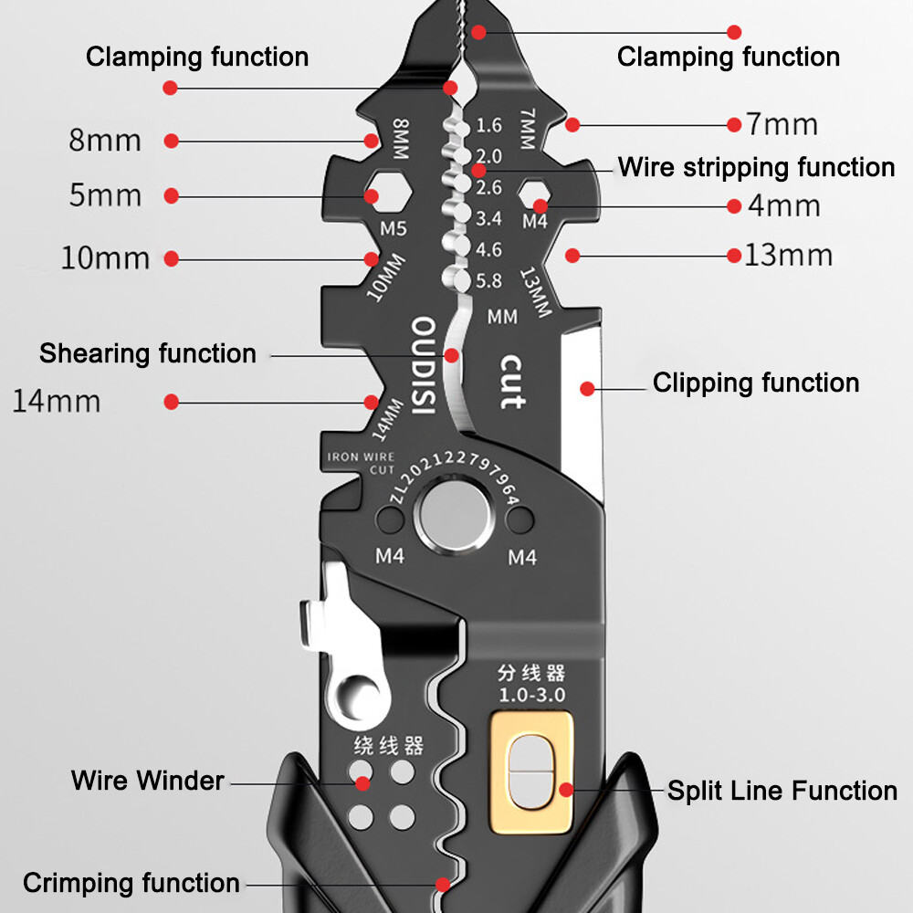 NANWEI Multi-functional Chrome Vanadium Steel Pliers Electrician Wire Separating Crimping Stripping Cutting Winding Clamping Tools for Home Appliance Maintenance
