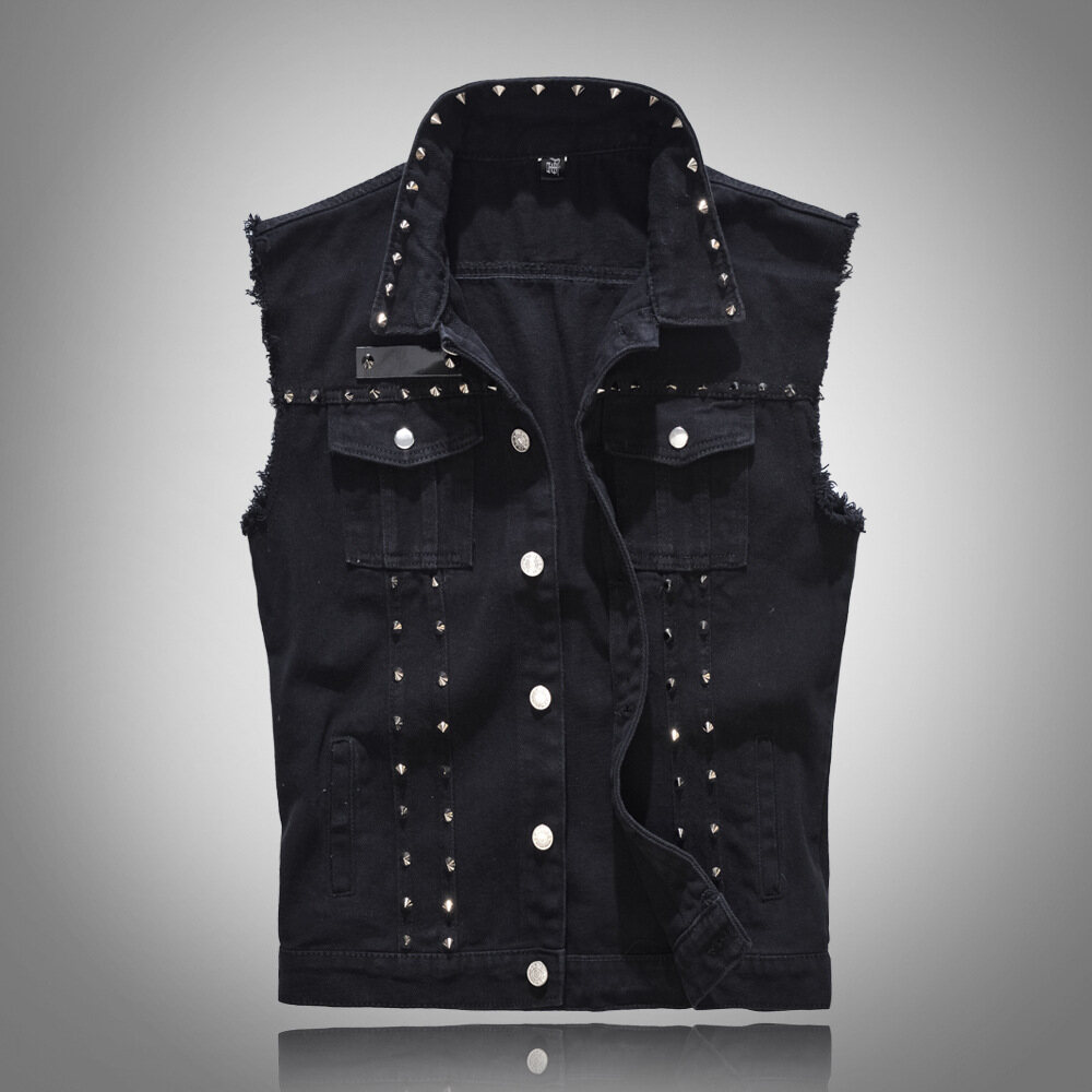 Tide bear men's denim vest slim red black vest rivets cool vest