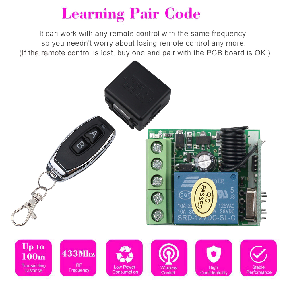 KEBETEME 433Mhz Remote Controls With Universal Wireless Remote Control Switch DC 12V 1CH Relay Receiver Module RF Transmitter