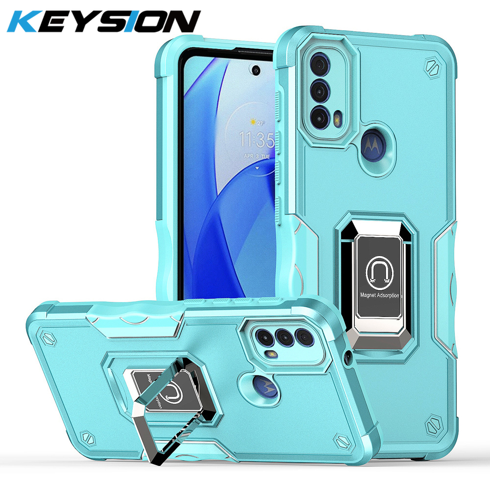 Keysion shockproof armor case for motorola moto e40 e30 e20 silicone + pc ring stand phone back cover for moto g22 g200 5g g50