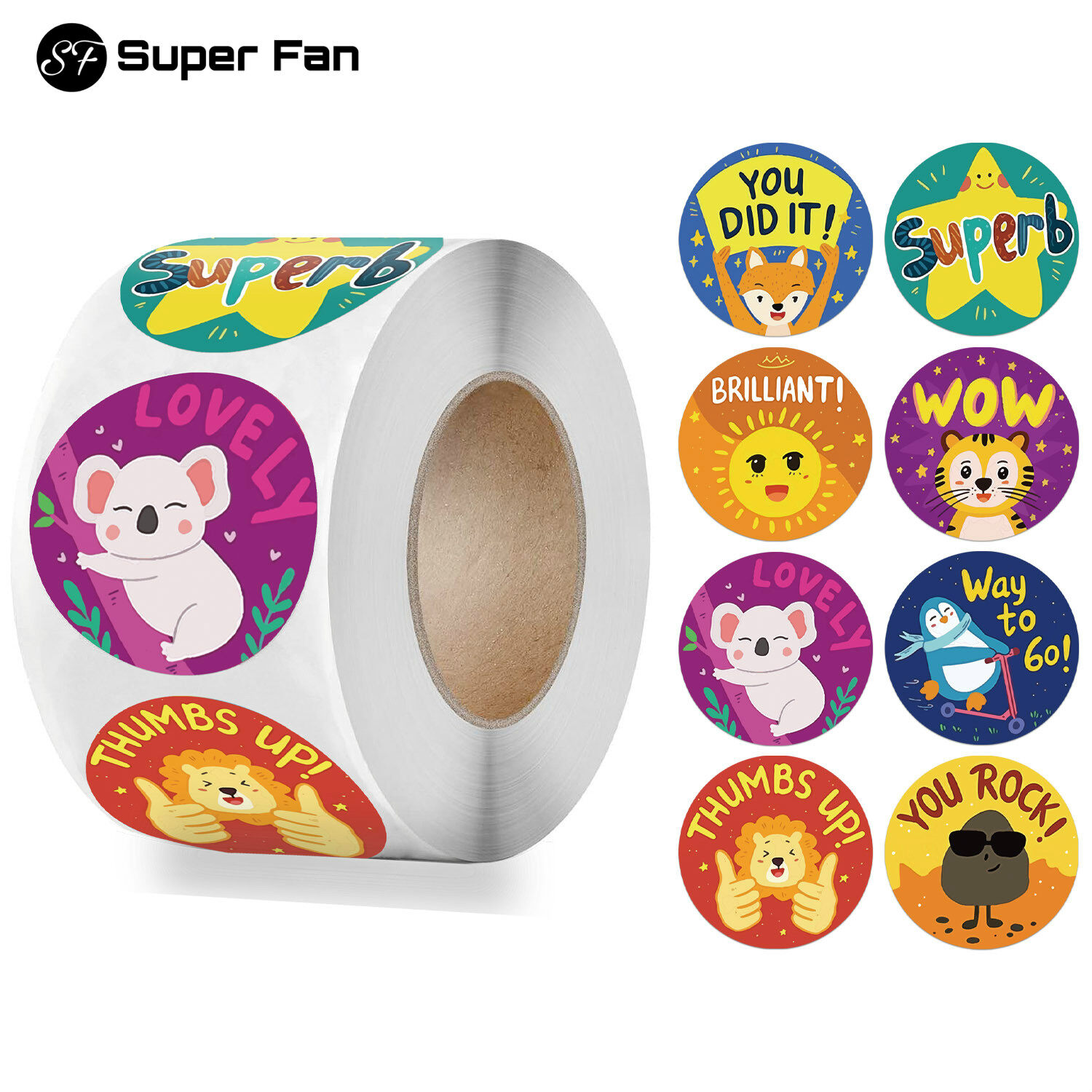 (Super Fan) 500 Pcs Cute Animals Reward Stickers Roll English Word Motivational Stickers for School Teacher Student Classic Toy Sticker Kids
