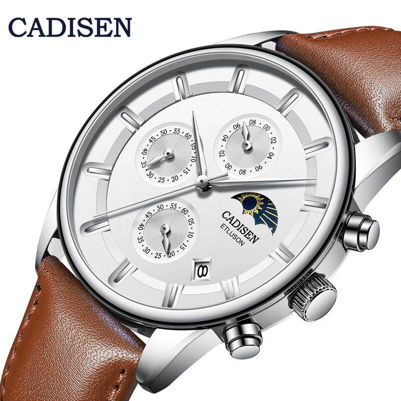 CADISEN Top Brand Watches For Men Quartz Movement Multifunction Luxury Phase Of The Moon Fashion Style Calendar Window Second Timer 30M Waterproof Leather Band Wristwatch Malaysia