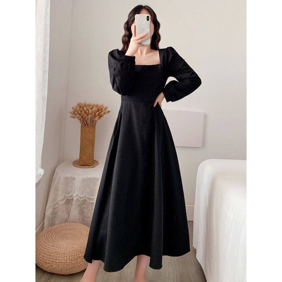 Women 's Dress Square Collar Long Sleeve Korean Style Elegant Dress Plain Casual Dress