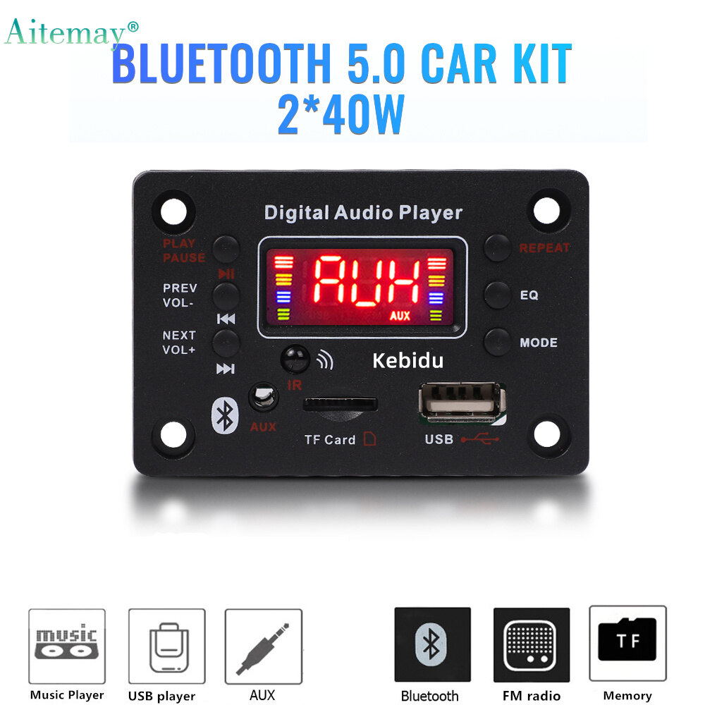 Aitemay 2x40W Amplifier Bluetooth 5.0 MP3 WMA Decoder Board DC 12V MP3 Player Car FM Radio Module Support USB TF AUX Handsfree Record