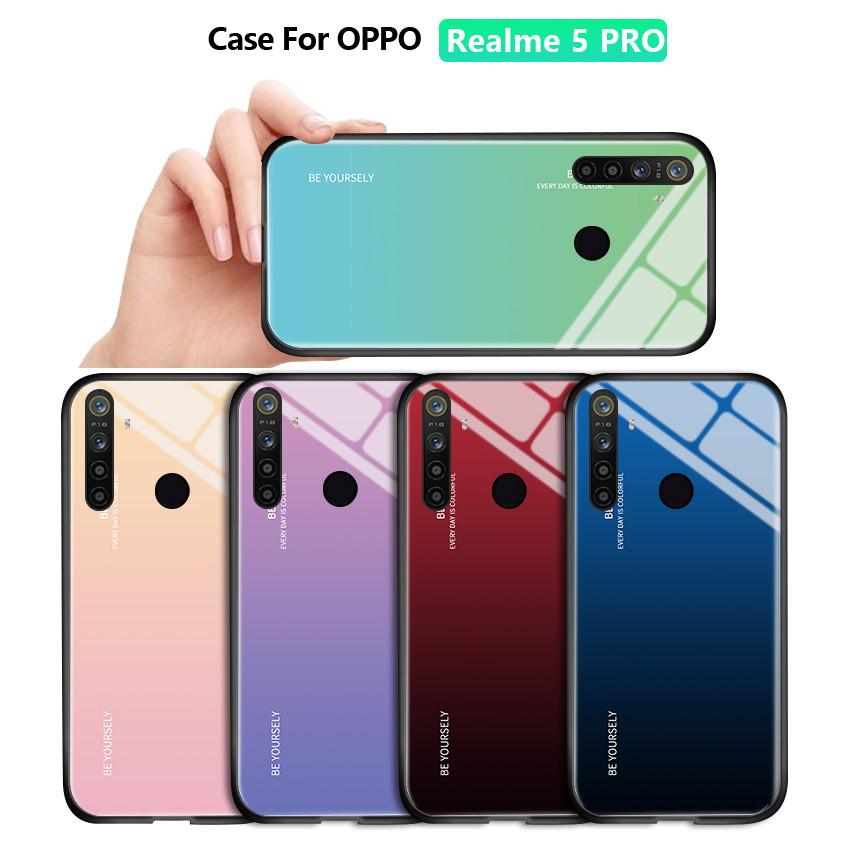 Hontinga For Realme 5 Pro Case Luxury Aurora Rainbow Casing Gradient Series Phone Cases Shockproof Tempered Glass Back Cover