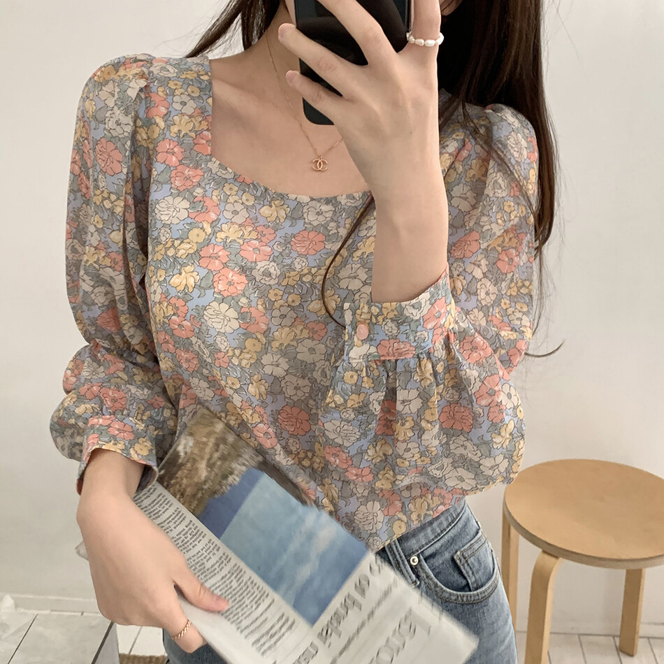 Women Vintage Floral Print Square Neck Blouses Sun Lamp Protection Chiffon Blouses Office Lady