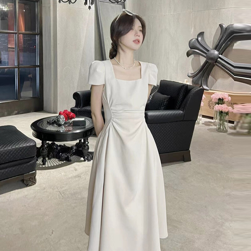 Cheese dinner lady C position dress dress square neck waist show thin short sleeve midi dress