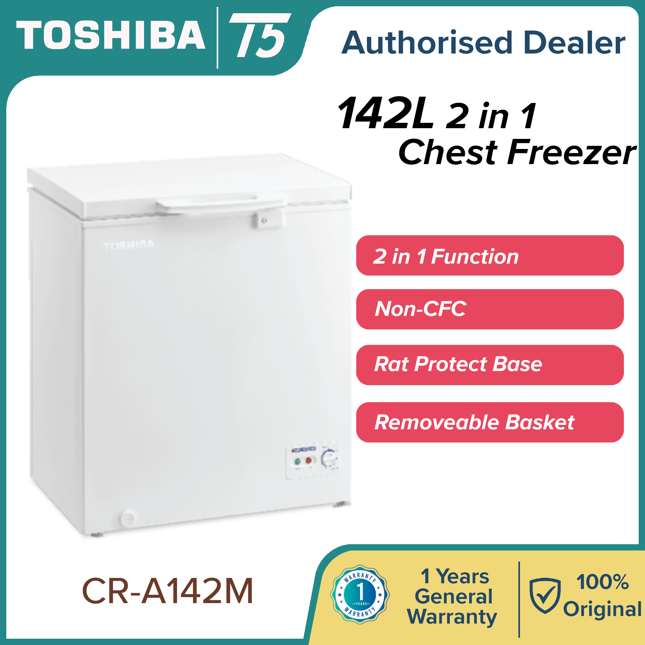 TOSHIBA Chest Freezer (142L) CRA142M with 2 in 1 mode fridge