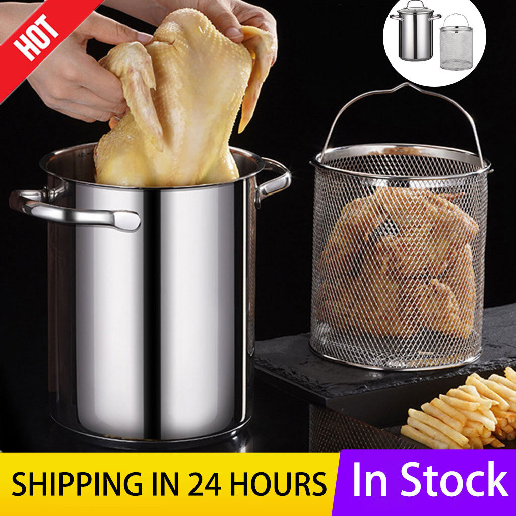 【In Stock】2pc 304 Stainless Steel Pot Frying Pan High Kitchen Pot With Basket Small Pot Fryer Deep Pot 16cm Cooking Pot Cookware