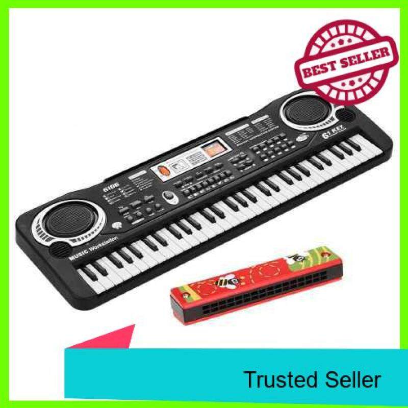 61 Keys Electronic Digital Piano Keyboard with Dual Speakers Microphone USB/Battery Powered + Tremolo Harmonica 16 Holes Kids Musical Instrument Educational Toy Wooden Cover Colorful Free Reed Wind Instrument (Standard) Malaysia
