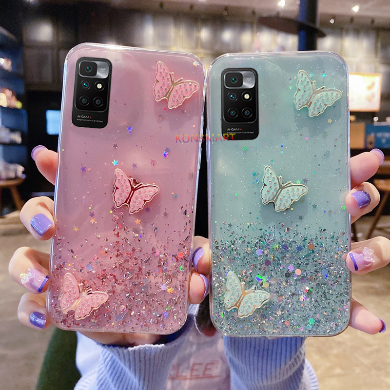 KONSMART Casing Xiaomi Redmi 10 2021 Bling Glitter Star Space With 3D Shinny Butterfly Phone Case For Redmi 10 2021 Soft Clear TPU Back Cover