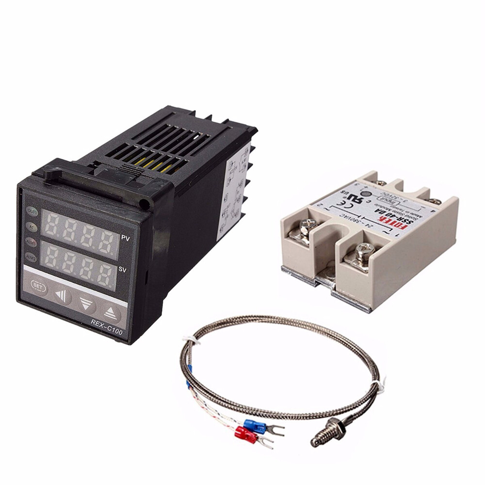 NANWEI Digital LCD PID REX-C100 Temperature Controller Set + K Thermocouple + Max.40A SSR