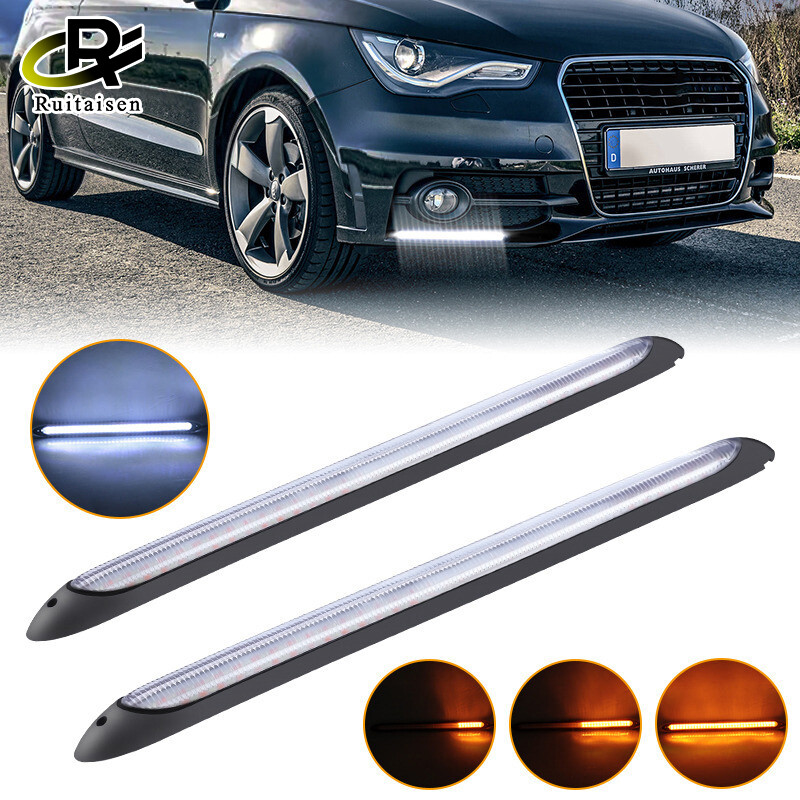 2pcs Car LED Daytime Running Light Scan Waterproof Headlight Strip Sequential Flow Yellow Turn Signal White DRL Light