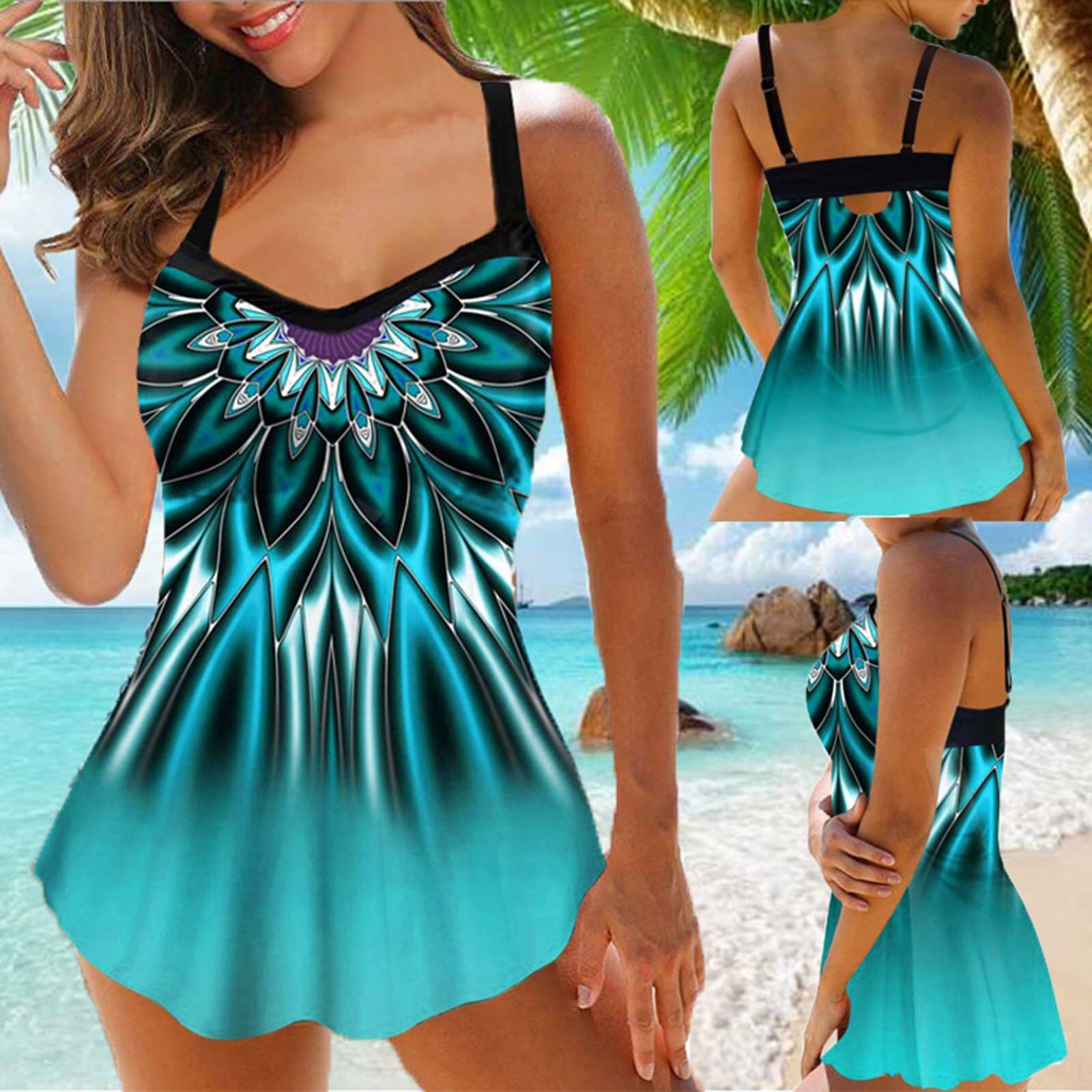 ชุดว่ายน้ำชุดว่ายน้ำผู้หญิง2ชุดชุดว่ายน้ำ Tankini Strappy Print