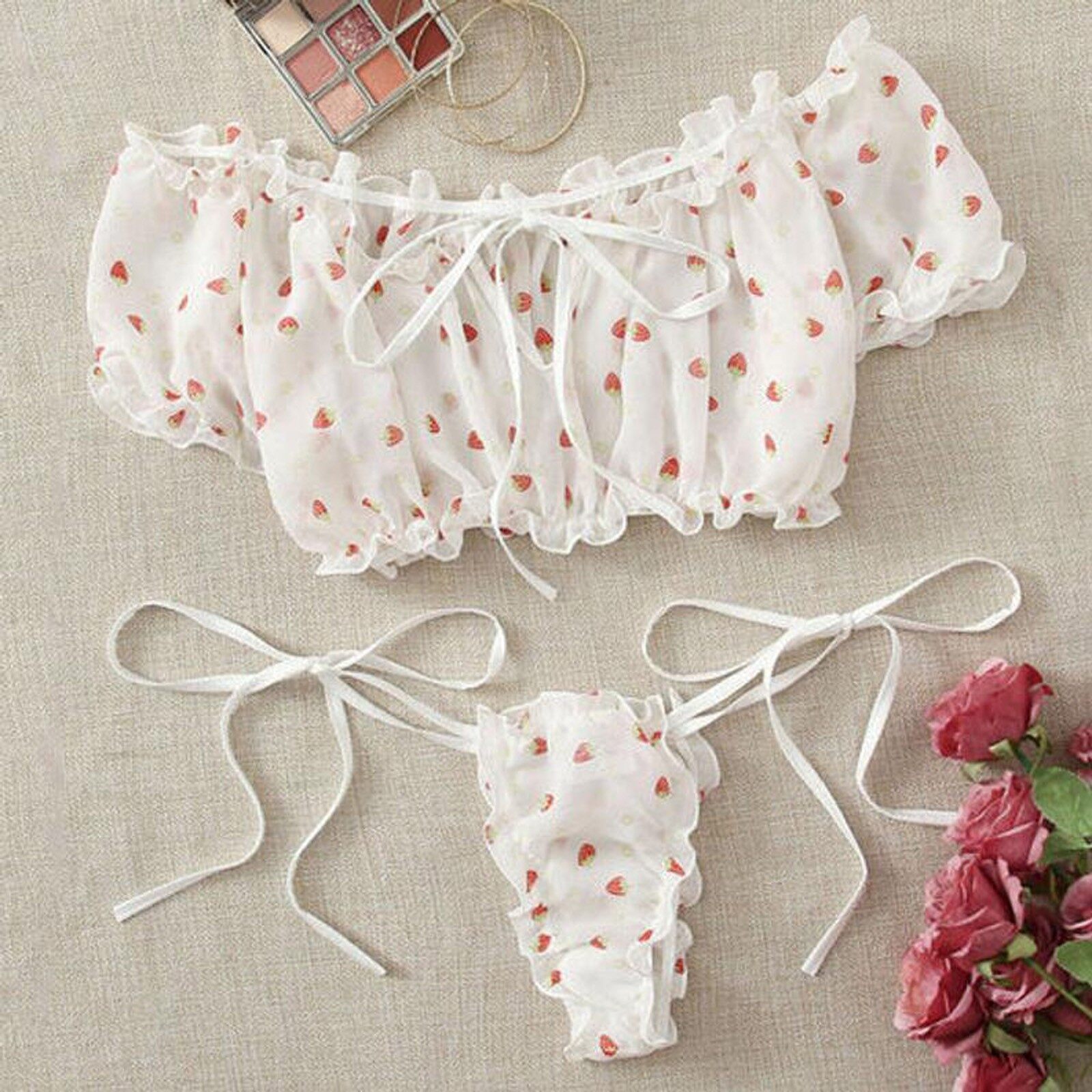 Sexy Sleepwear Hot Sex Strapless Embroidery Bowknot Lace Pajamas Set