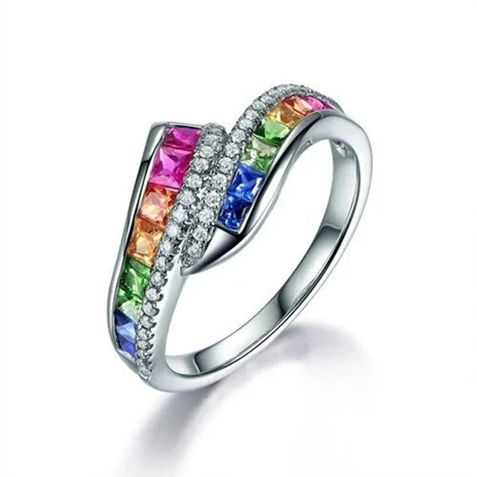 Women Ring Shiny Rhinestone Inlaid Sparkling Geometric Electroplating Decoration Gift Rainbow Colored Faux Gemstone Party Ring Jewelry for Dating Women Ring Sparkling
