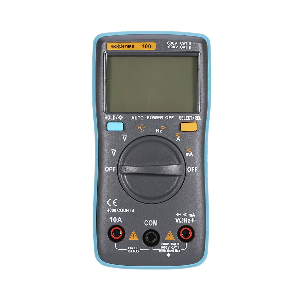 RICHMETERS RM100 Multimeter True RMS Multifunctional LCD Digital Multimeter DMM DC AC Voltage Current Resistance Diode Continuity Capacitance Frequency Duty Tester Measurement Automatic Polarity Identification Ammeter Voltmeter Ohm