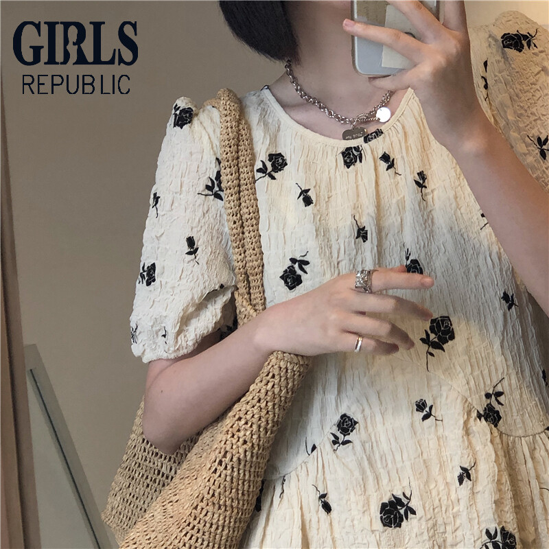 Girls Republic Váy ngắn tay xếp ly hoa mới váy suông in họa tiết giản dị váy midi cổ tròn
