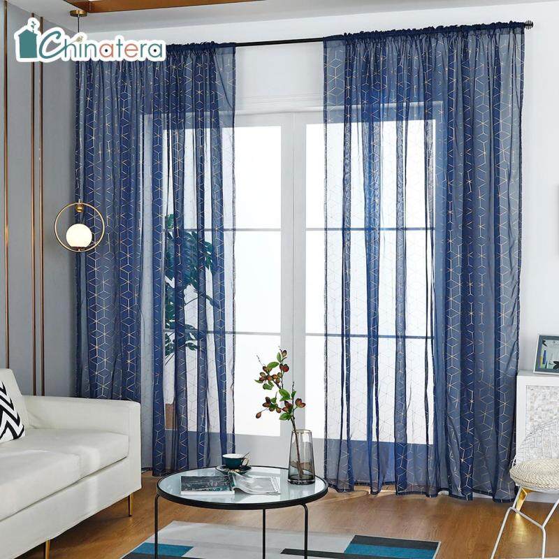 Rèm Cửa Sổ Vải Tuyn Chinatera, Trang Trí Phòng Khách Phòng Ngủ Bằng Vải Tuyn, Màu Trắng/Xanh Hải Quân, Phong Cách Bắc Âu Trang Nhã