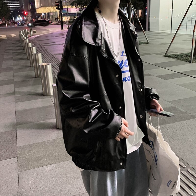 Korean version of the trend of the new spring and autumn motorcycle clothing leather jacket male couple Hong Kong style loose wild handsome leather jacket jacket