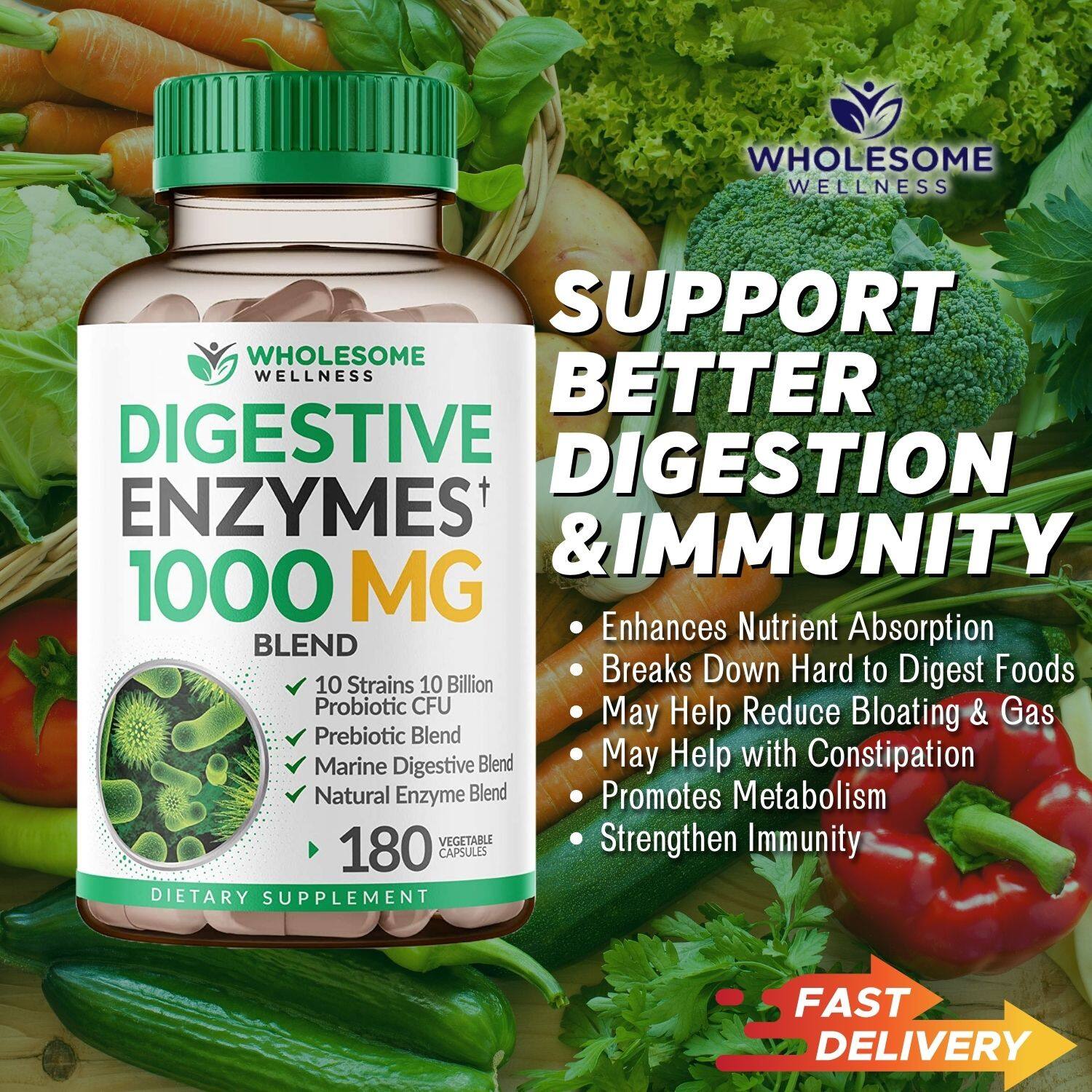 Wholesome Wellness Digestive Enzymes 1000MG Plus Prebiotics