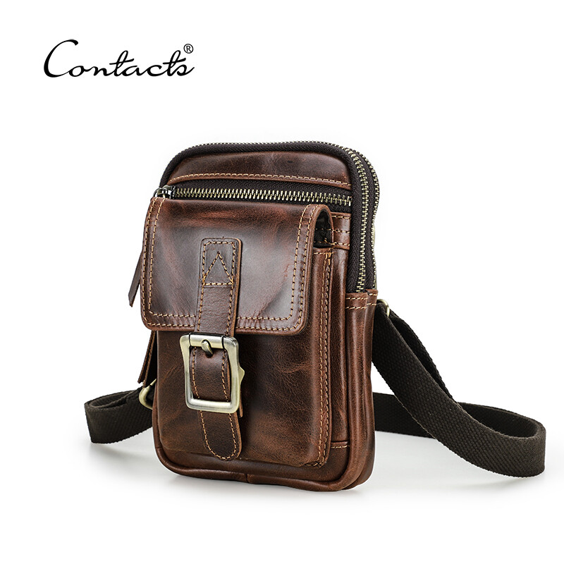 CONTACT'S 100% Vegetable Cow Leather Men Crossbody Bag Vintage Shoulder Bag for Male Multifunctional Phone Bags Waist Pack