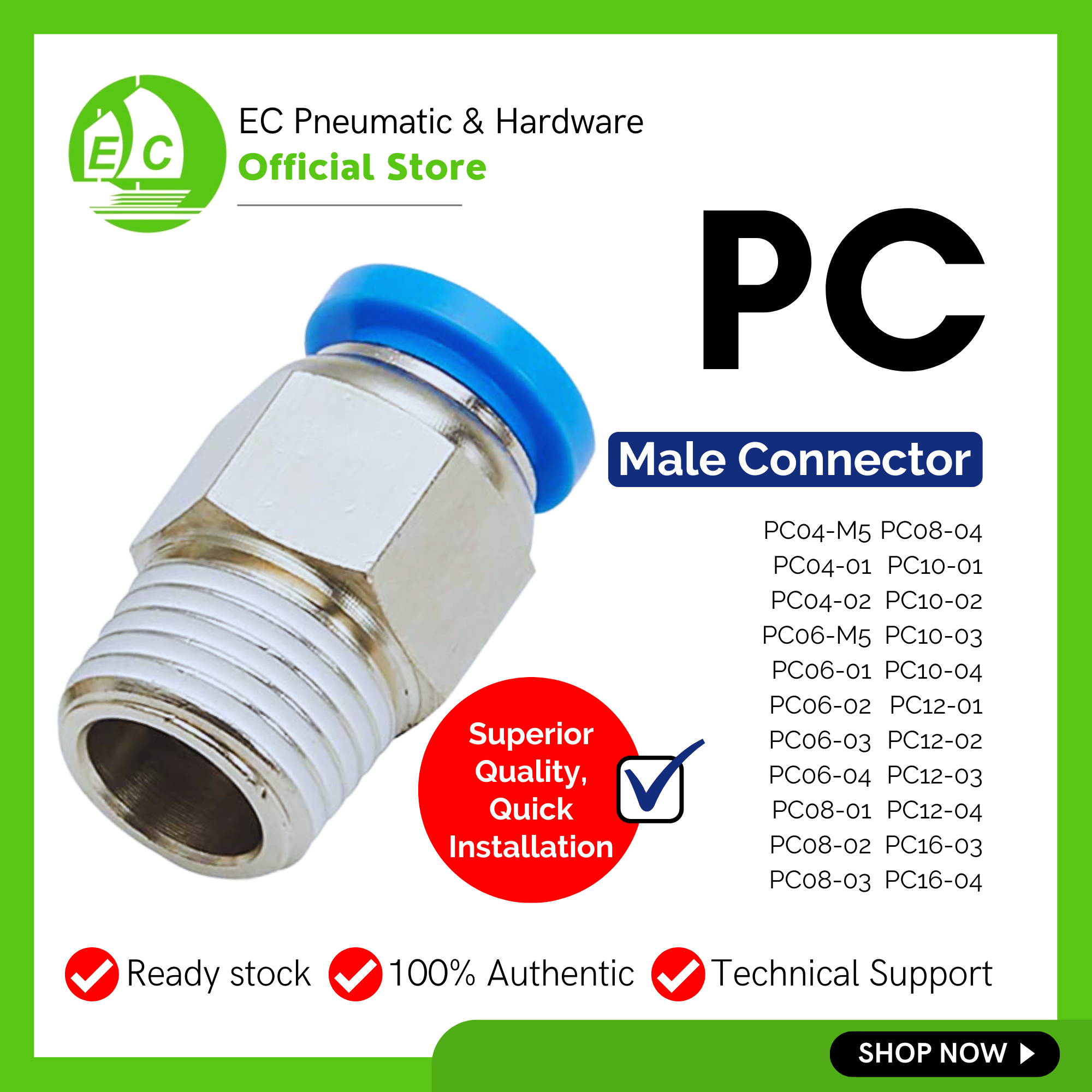 PC Male Connector Pneumatic Fitting Push In Fittings Male Thread Quick ...