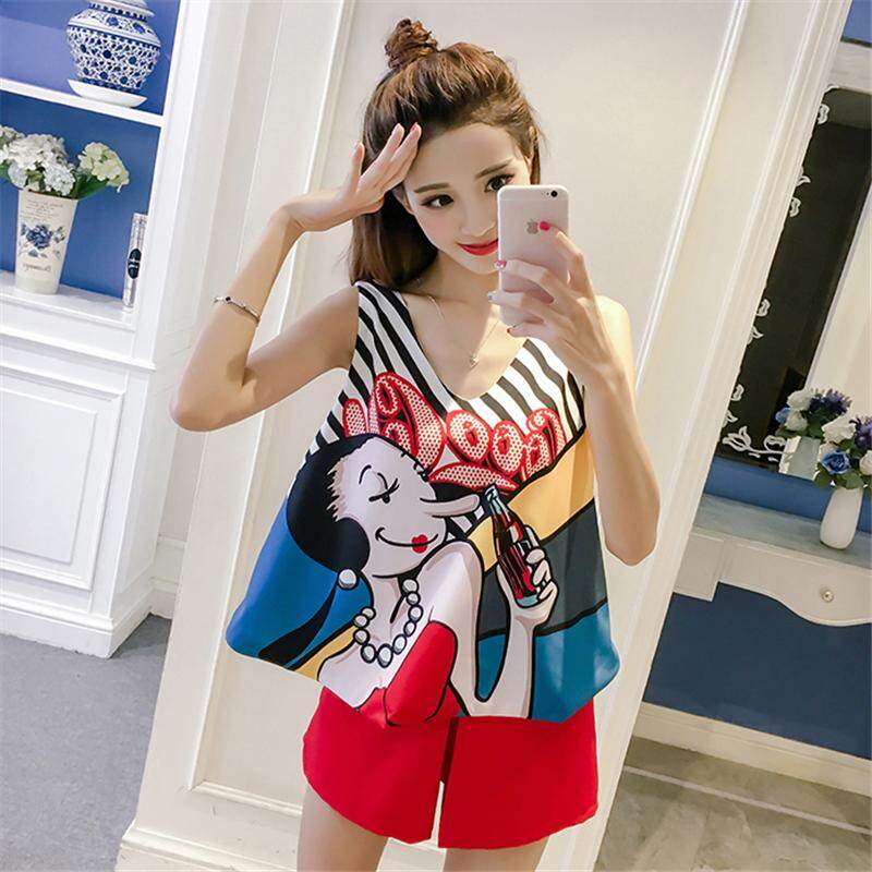 Female Summer New Printed Large Size Slim Short T-Shirt And Shorts Set