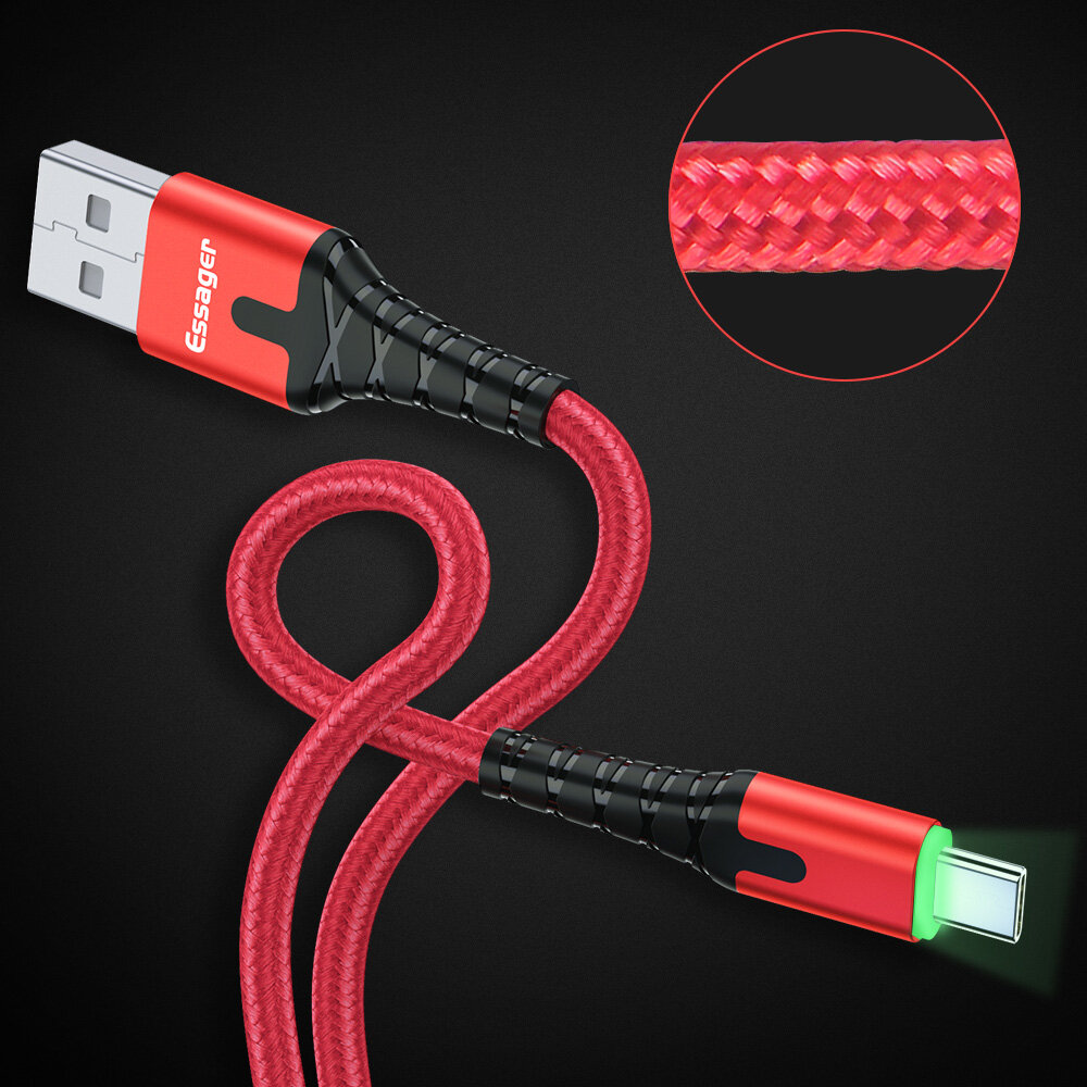 Essager Cáp USB Type-C LED Dây Dữ Liệu Sạc Nhanh Cáp Sạc USB Type-C Cho Samsung Xiaomi LG Mobile Dây Dữ Liệu Sạc 0.5M/1M/2M