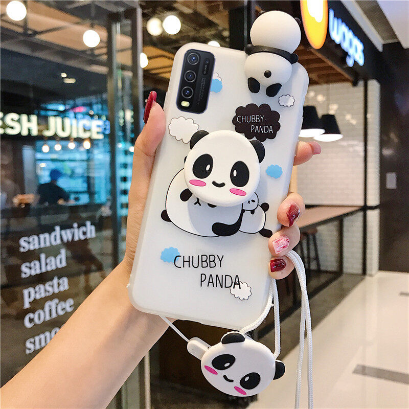 Soft Silicone Casing For VIVO Y11 Y12 Y15 Y17 U10 Y20 Y20i Y20s Y12s Mobile Case Cartoon Panda Pattern Phone Case with Holder Stand Lanyard TPU Back Cover