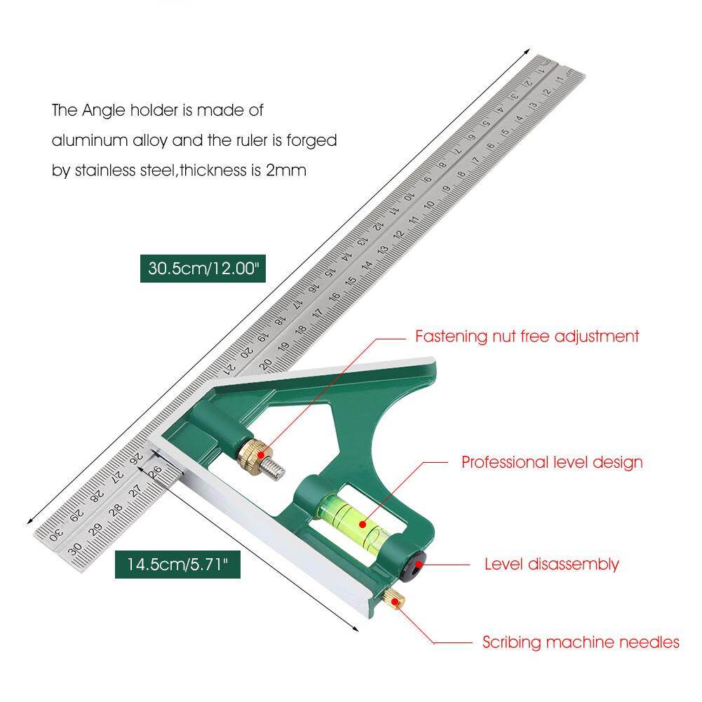 Multi-functional 300mm Combination Square Angle Ruler 45/90 Degree With Bubble Level