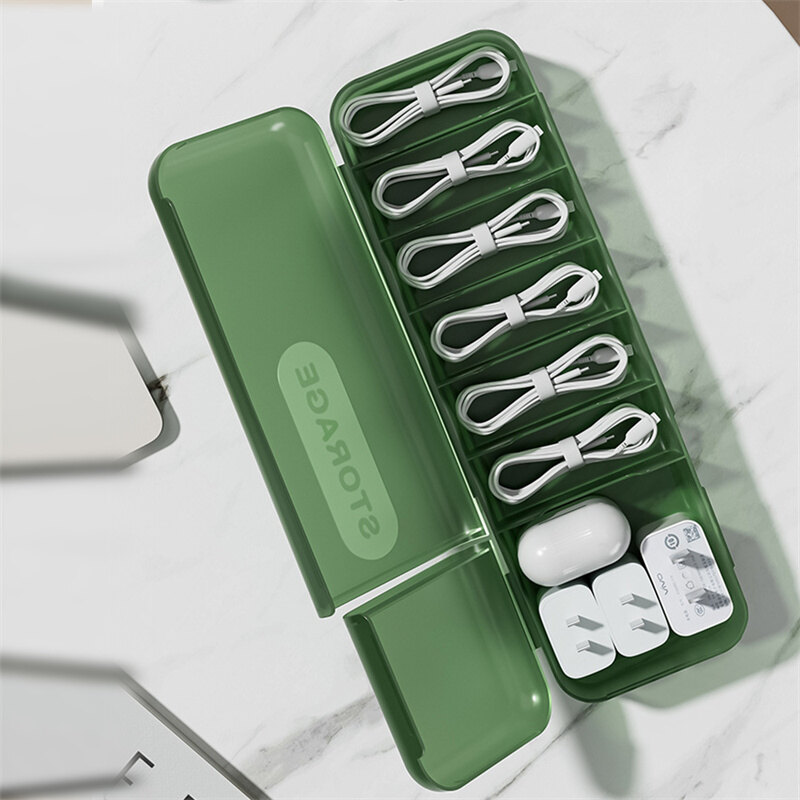 Data Cable Storage Box Cable Charger Organizer with 7 Compartments Container Case Electronic Accessories for Desk Drawer Cord Storage Organizer