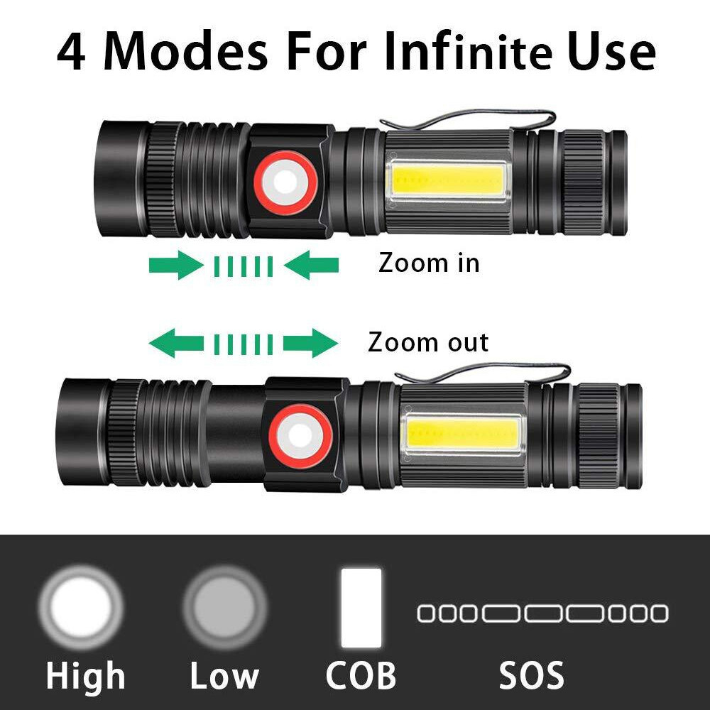 Virwir Original torch light flashlight re-chargeable emergency light re-chargeable led lightT6+COB Zoomable LED Flashlight USB Re-chargeable 1Torch With Magnetic Base