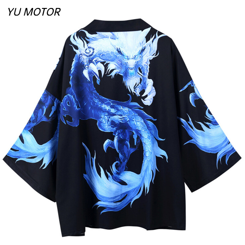 【Ready Stock】Yu Motor Men Women Cardigan Robe Chinese Dragon Kimono Summer Loose 3/4 Sleeve Casual Shirts Sun Protection Garments
