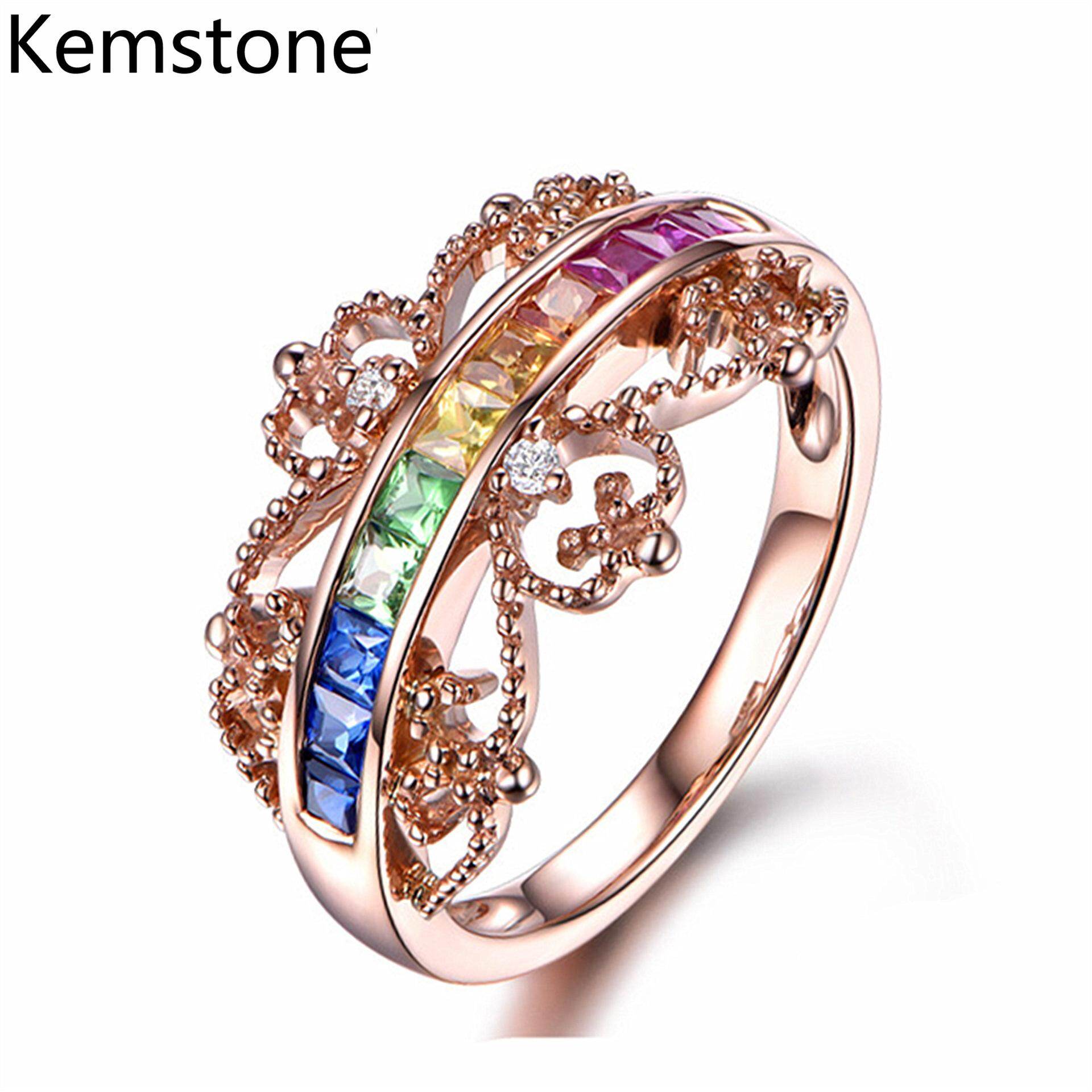 Kemstone Creative Rose Gold Color Hollowed Queen Crown Zircon Setting Colorful Rainbow Rings for Women
