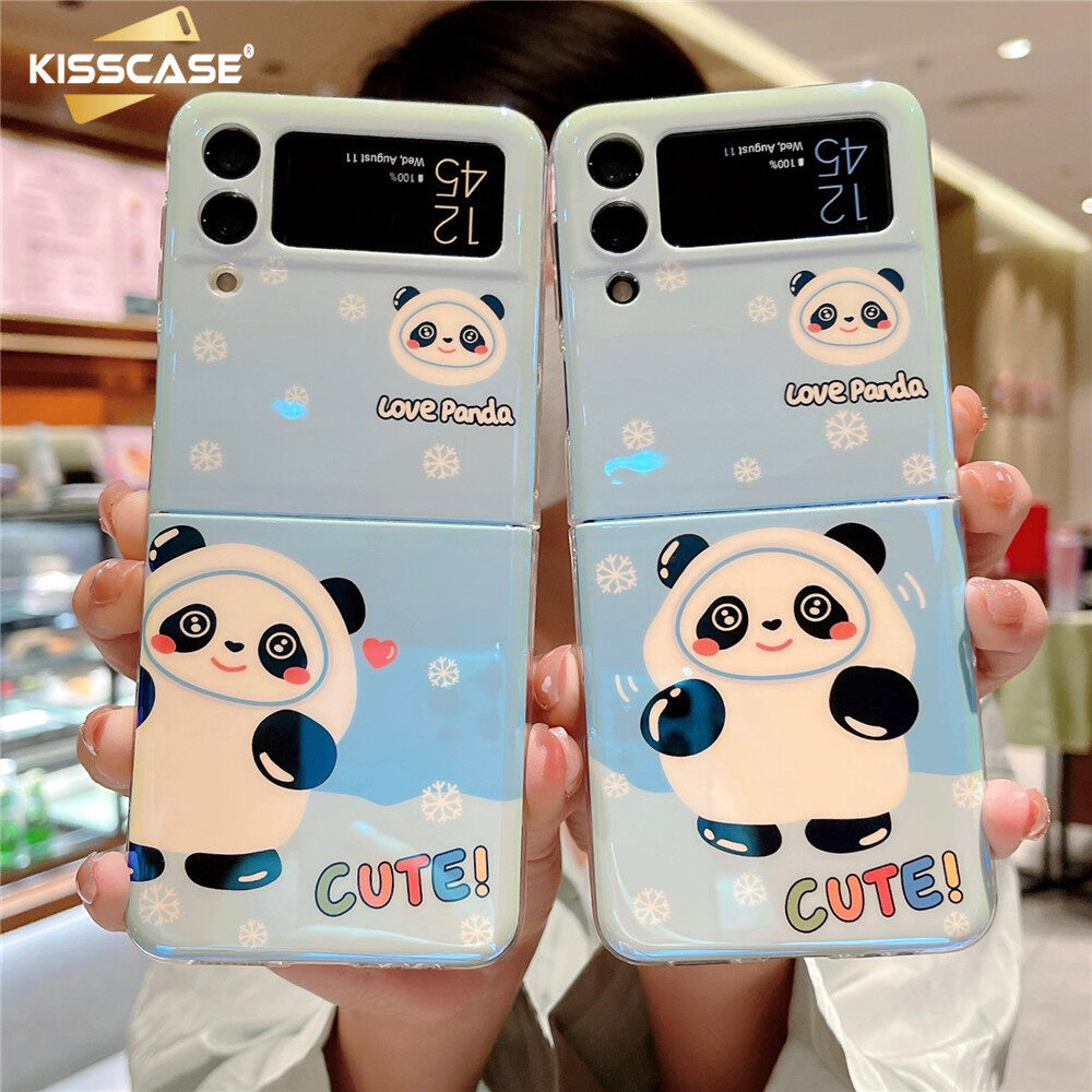 KISSCASE For Galaxy Z Flip 3 Cute Blue Light Laser Cartoon Panda Bear Protective Shell Case All-inclusive Hard PC Cover for Samsung Z Flip 3 5G