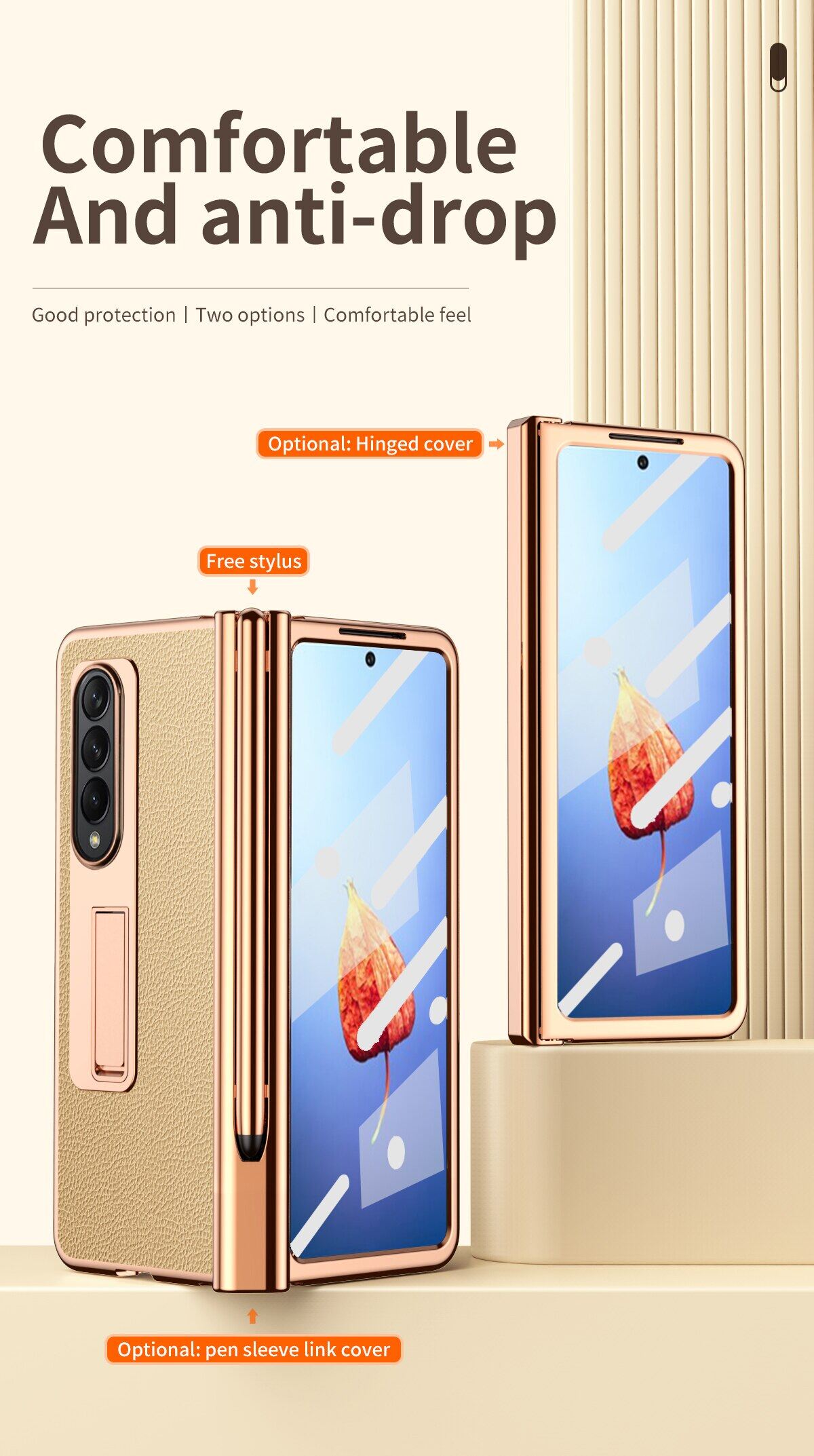 [With Pen+Screen Film] FLOVEME Plating Lychee Pattern Phone Case For Samsung Galaxy Z Fold 4 Fold 3 5G Hinge Protection With Front Screen Glass Film Stand Holder Back Cover For Galaxy Z Fold 4 Fold 3