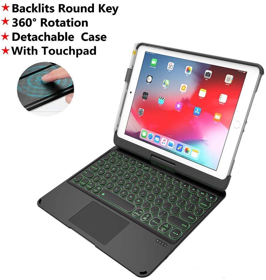 คีย์บอร์ดสำหรับiPad 9.7 2017/2018 (5th/6th Gen)/ iPad Pro 9.7/iPad Air 2 & 1/ Ipad 10.2 (7th / 8th Gen)/Ipad Air 10.5 2019 (3rd Gen)/Ipad Pro 10.5-Swallows Home Touchpad Keyboad 360 Rotatable-Detachbale, Backlits 7สีพร้อมที่วางปากกา (ไม่ใช่ปากกา) สี ดำ สี