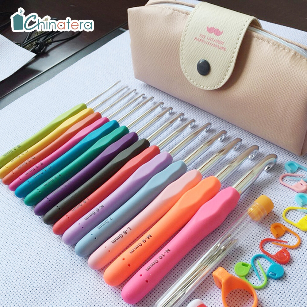 14pcs Aluminum Crochet Set Soft Handles Knitting Needles Kit Weaving Tools