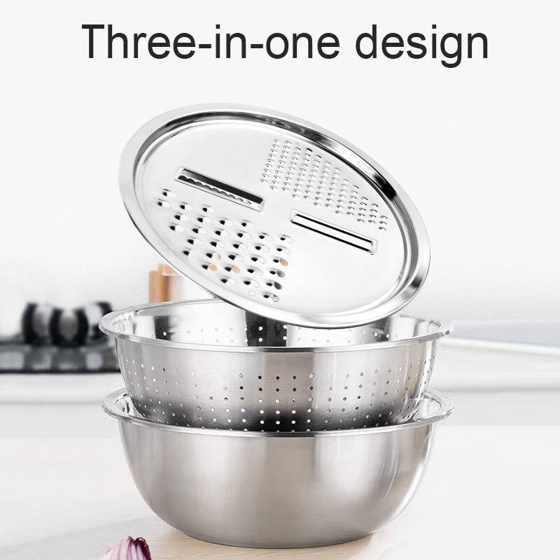 Bộ 3 Thố inox nhà bếp đựng trái cây, rau củ; Bộ dụng cụ nạo rau củ đa năng, rổ chậu inox nhà bếp