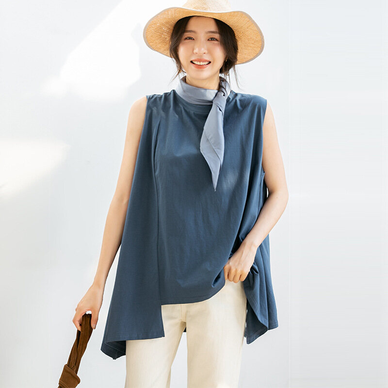 (Clearance) Alisa.Sonya irregular Women Tshirts  round neck sleeveless  High Quality cootton loose Korean blouse 100% pure cotton women Long T-shirt