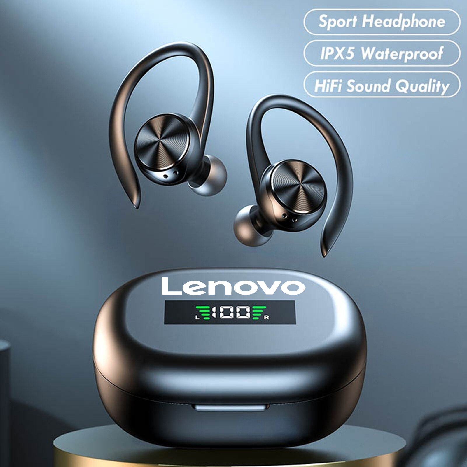 Lenovo Wireless Earphone High Fidelity Noise Cancelling LED Digital Display Bluetooth-compatible5.1 Lossless Sports Ear Hook Earphone for Doing Sports High-quality Earphone High