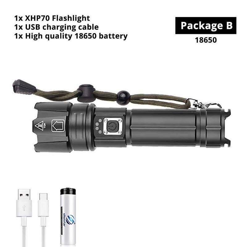 Super Bright XHP70.2 LED Flashlight Display Waterproof Tactical LED Torch Telescopic Zoom Used Adventure Hunt