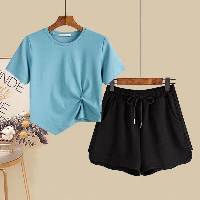 2 Piece Set Korean Style Summer Casual Suit Women's Solid Color Slim Fit Short Short Sleeve Irregular Corp ​ T-shirt + Shorts Fashion Sportswear Suit Ladies Clothing