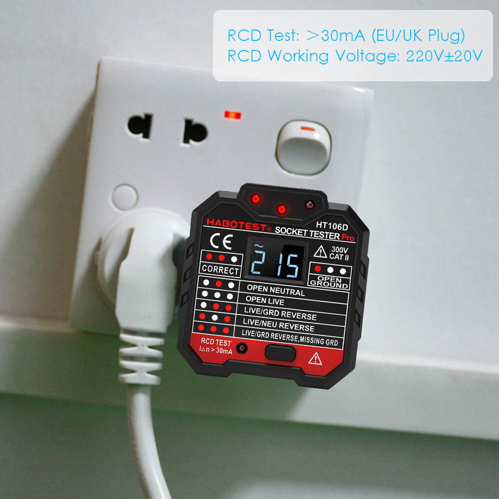 KKmoon HABOTEST Advanced RCD Electric Socket Tester Automatic Neutral Live Earth Wire Testing Circuit Polarity Detector Wall Plug Breaker Finder Electric Leakage Test with Voltage Backlight LCD Display