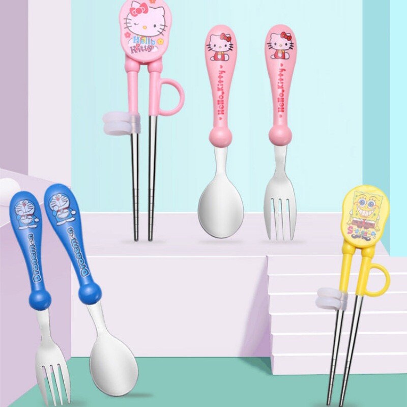 Baby Training Equipment Set Kids Learning Tableware, Stainless Steel Practice Chopsticks Fork Spoon Household Tableware